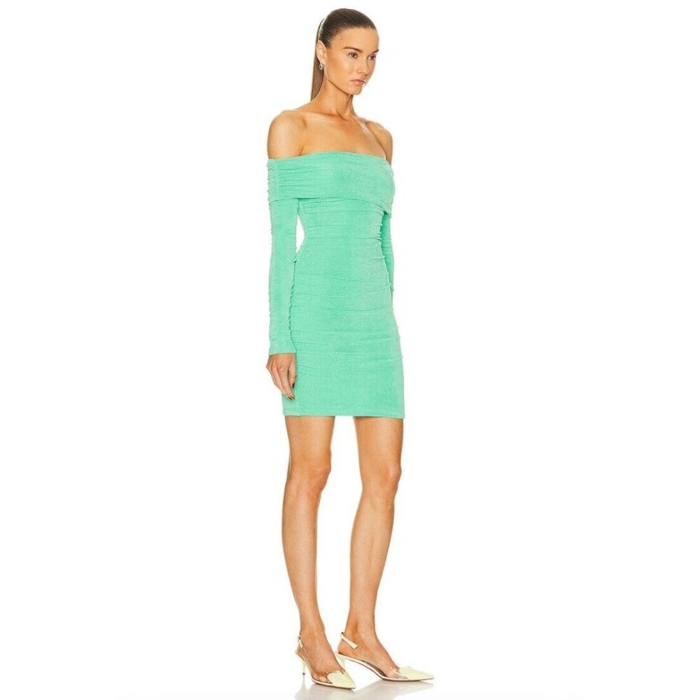 SER.O.YA Windsor Dress Pistachio Green Ruched Off Shoulder - Picture 3 of 4